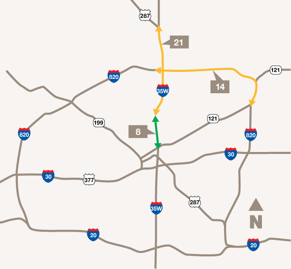 Map of Fort Worth showing the highway sections below highlighted and numbered
