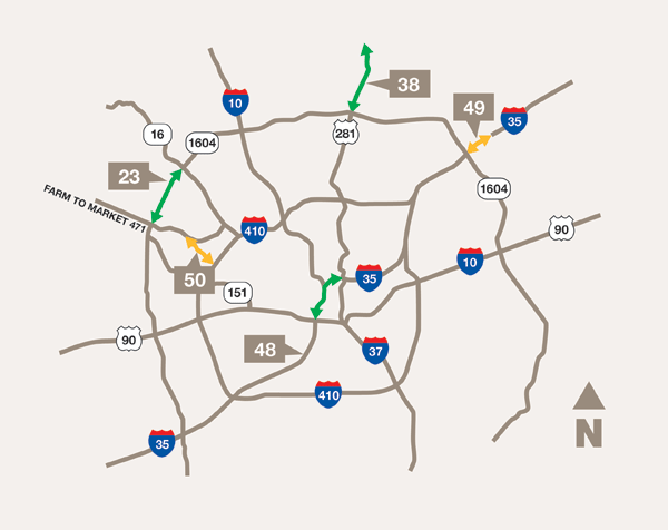Map of San Antonio showing the highway sections below highlighted and numbered
