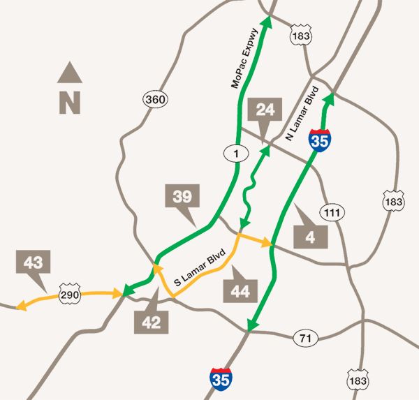 Map of Austin showing the highway sections below highlighted and numbered