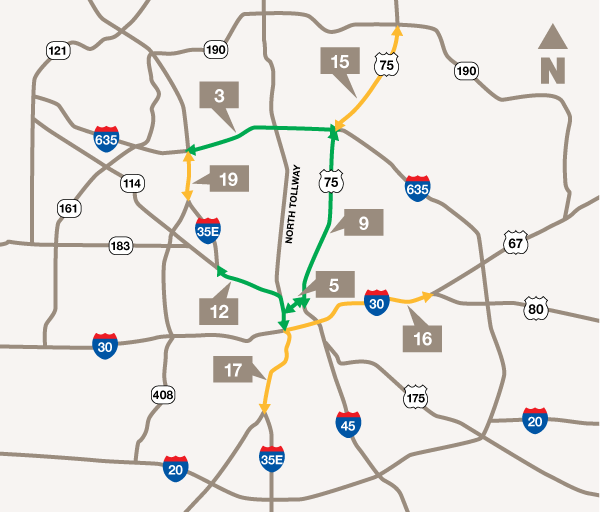 Map of Dallas showing the highway sections below highlighted and numbered