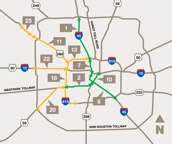 Map of Houston showing the highway sections below highlighted and numbered