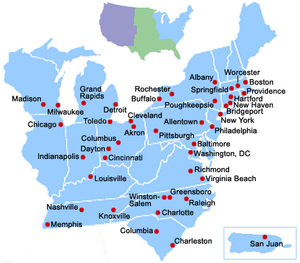 What are some cities on a map of the east coast of the USA?